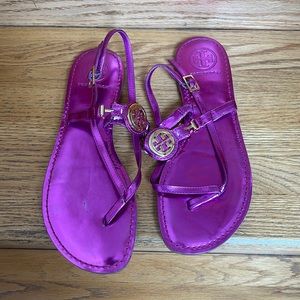 Tory Burch, purple metallic leather sandals with gold logo 7.5